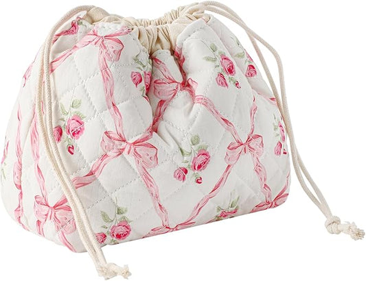 uekeboag Cotton Quilted Drawstring Makeup Bag with Canvas Lining,Coquette Aesthetic Cute Travel Toiletry Bag,Drawstring Gift Bag for Women and Girls（03Pink Bows）