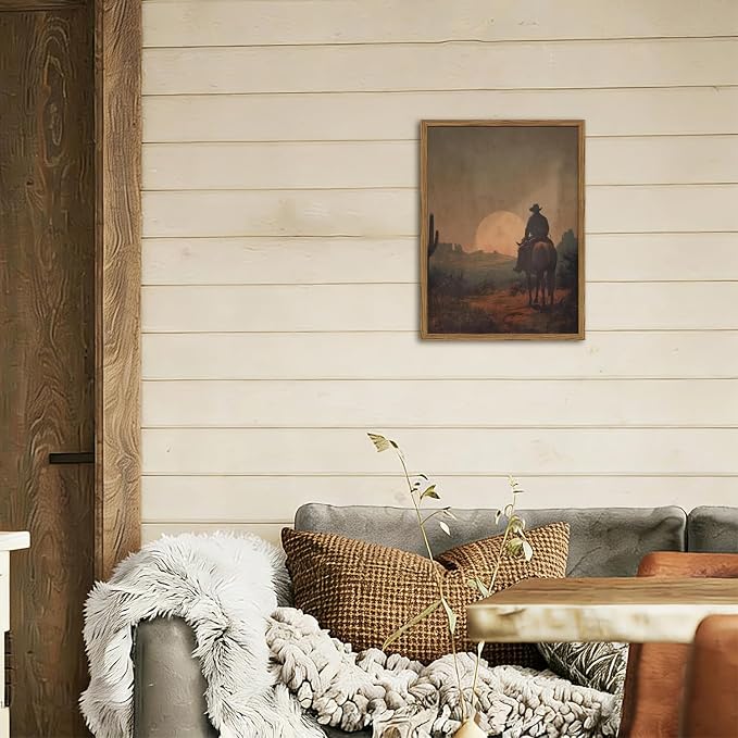 Vintage Cowboy Wall Art Western Country Wall Decor Painting, Southwestern Desert Cactus Poster Canvas Print Picture Retro Rustic Horse Artwork for Living Room Bedroom 16x24 inch Wood Framed