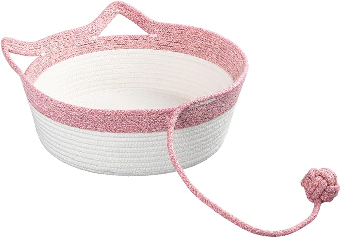 Cotton Rope Woven Cat Bed, Instinct Pet Basket with a Play Ball, Large | Foldable Cat Scratcher Basket for Indoor Cats, Puppies, Rabbits and Small Pets, Pink & White