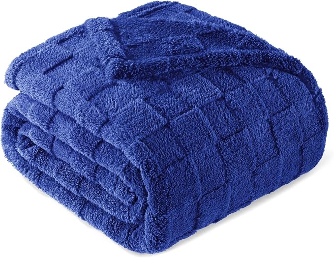Exclusivo Mezcla 3D Checkered Fleece Queen Blanket for Bed, Cobalt Blue | Super Soft and Cozy Fluffy Blanket, Lightweight, Breathable, Decorative Blanket for Living Room, Bedroom, All Season, 90"x90"