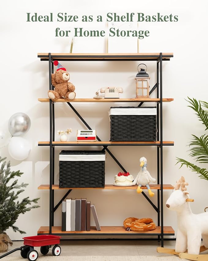 SETVSON Storage Basket with Lid, 2-Lid PE Rattan Storage Bin, Black | 9.2 Gal Decorative PE Rattan Furniture Look for Bedroom, 2 Separate Lids, 2 Liners with Divider for Apparel & Essentials