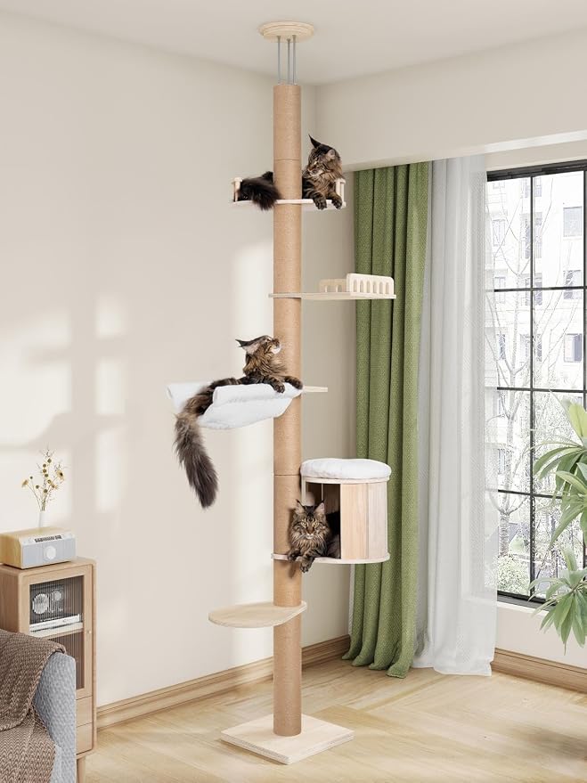 Aechonow 10.2ft Floor to Ceiling Cat Tree for Large Cats, Tall Cat Tower | with Scratching Post, Adjustable Height(82-122 in), Large Condo Cave Bed Hammock for Indoor Cats, Wood
