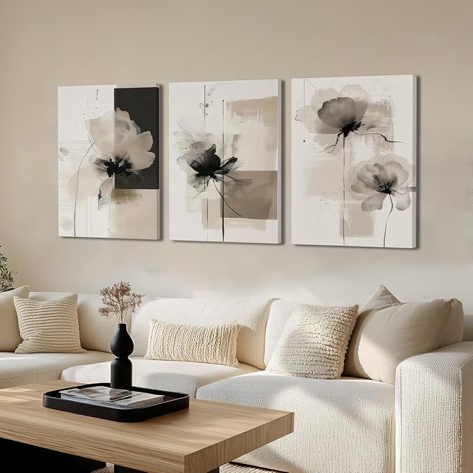 Neutral Abstract Floral Canvas Wall Art Modern Large Minimalist Wall Decor Contemporary Beige Black Flower Posters Prints Picture for Living Room Bedroom Bathroom Office 12x16 In Framed