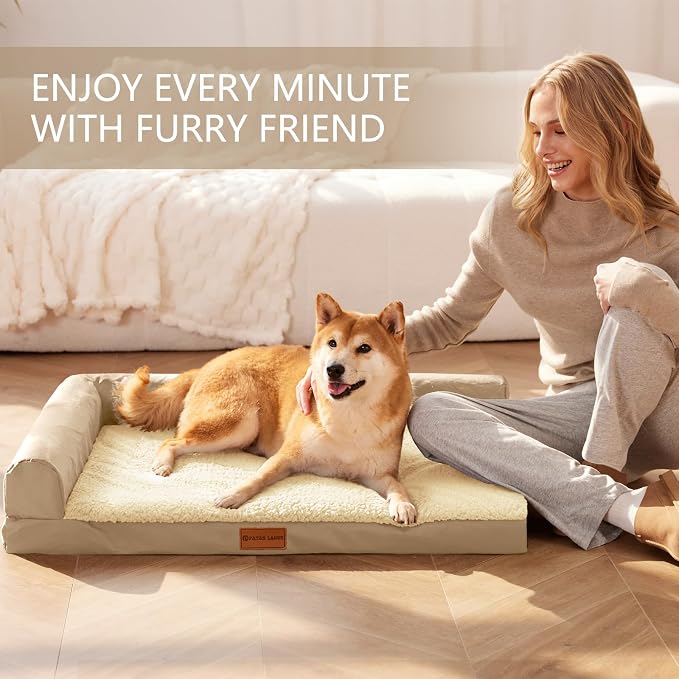 Patas Lague Orthopedic Large Dog Bed Washable Pet Sofa Bed 56''X40''Beige | 2-Sided Bolster Egg-Crate Foam Dog Couch Large Sized Dogs, Waterproof Removable Washable Cover, Nonskid Bottom Pet Crate Mat