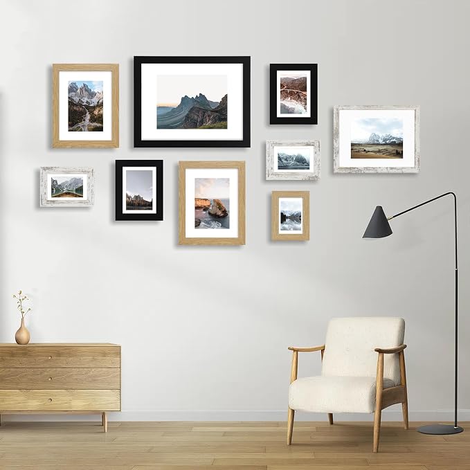 Hongkee 8x10 Picture Frame Set of 4, Made of Real Glass and Natural Oak Wooden Frame, 8 by 10 Photo for Wall or Tabletop - Display Picture 5x7 with Mat or 8x10 Without Mat