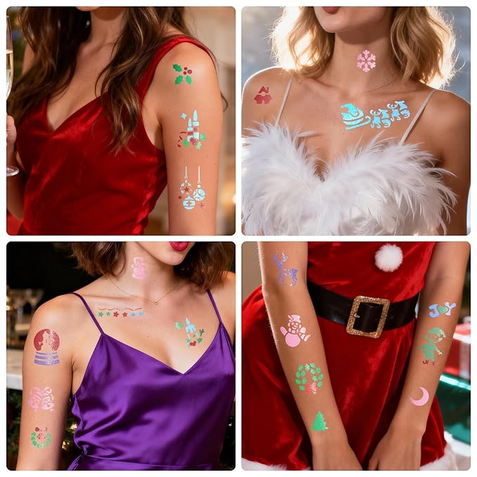 8 Metallic Temporary Tattoo Markers for Kids Adults, 155+ Christmas Santa Snowman Tattoo Stencils, Girl Boy Women Face Body Paint Cosmetic Tattoos Pens for Skin DIY Xmas Stocking Stuffers Party Favor