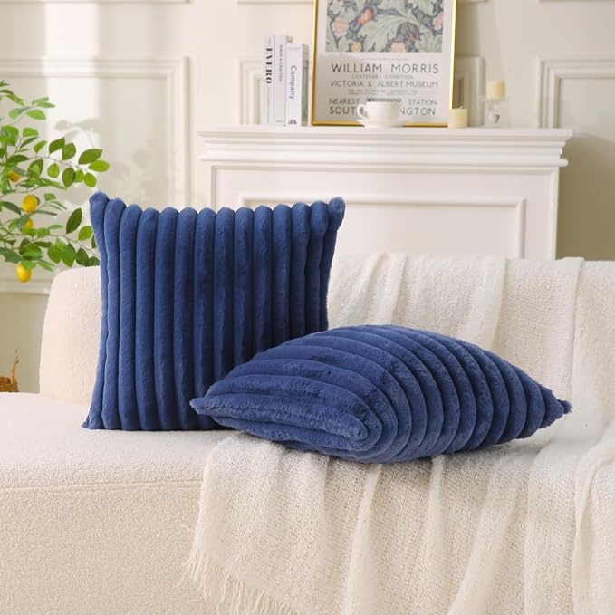Decorative Throw Pillow with Inserts, Set of 2 Soft Faux Fur Throw Pillows, Square Boho Striped Pillow for Couch, Bed, Sofa Decor (Blue, 18" x 18"(Pack of 2))
