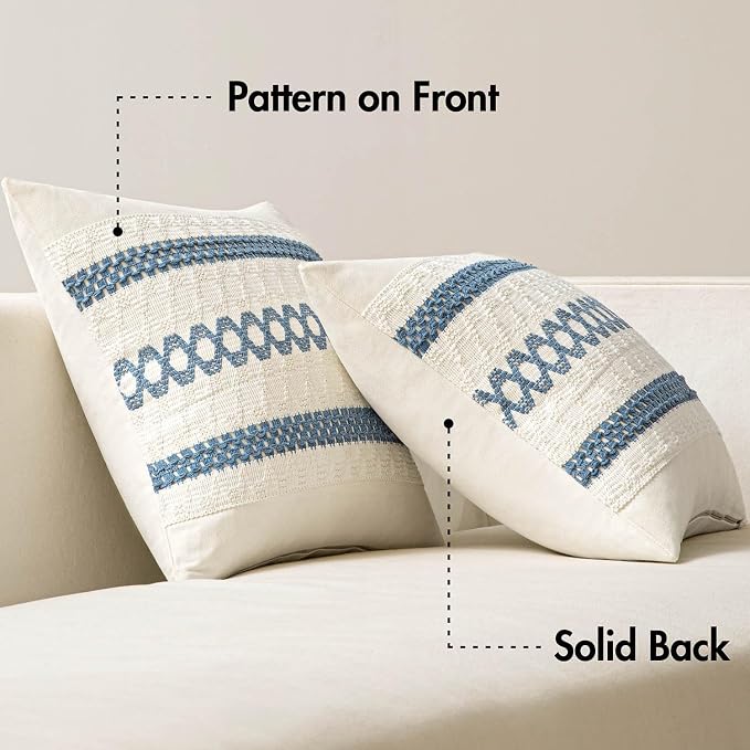 MIULEE Set of 2 Coastal Blue Boho Decorative Pillow Covers 18x18 Inch | Farmhouse Couch Throw Pillows, Modern Cotton Cushion Covers, Macrame Woven Spring Decor for Bed Sofa Chair