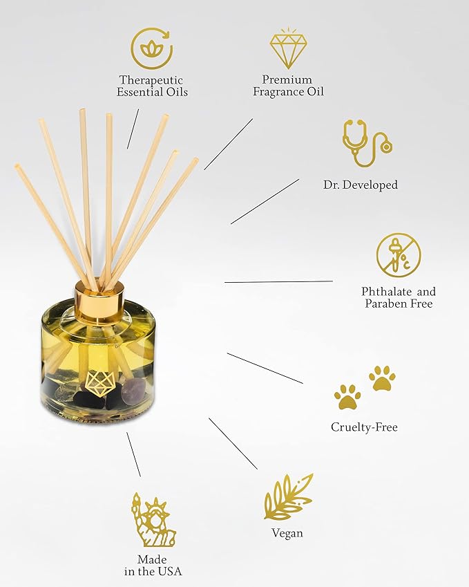 Crystal Infused Reed Diffuser, 4 OZ, Release - Amethyst Crystal Infused - Scents of Lavender, Bergamot, & Frankincense - Home Decor, House Warming, Room, Stick Perfume, Coffee Table