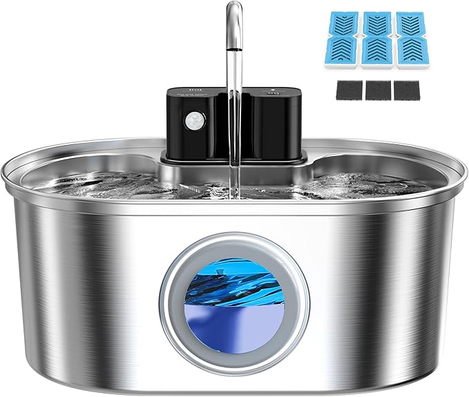 PEKTACO Wireless Cat Water Fountain, 108oz/3.2L Stainless Steel, 3 Filters | 3 smart modes, 25 dB quiet pump, multi-layer filtration, BPA-free parts, dishwasher-safe bowl, easy-clean for daily use