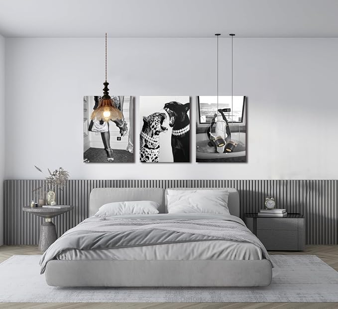 Bathroom Fashion Leopard Print Black and White Canvas Wall Art Trendy Women Posters Paintings Luxury Feminist Pictures Wall Decor for Bedroom Living Room Hallway Home Decoration 12×16 In Framed
