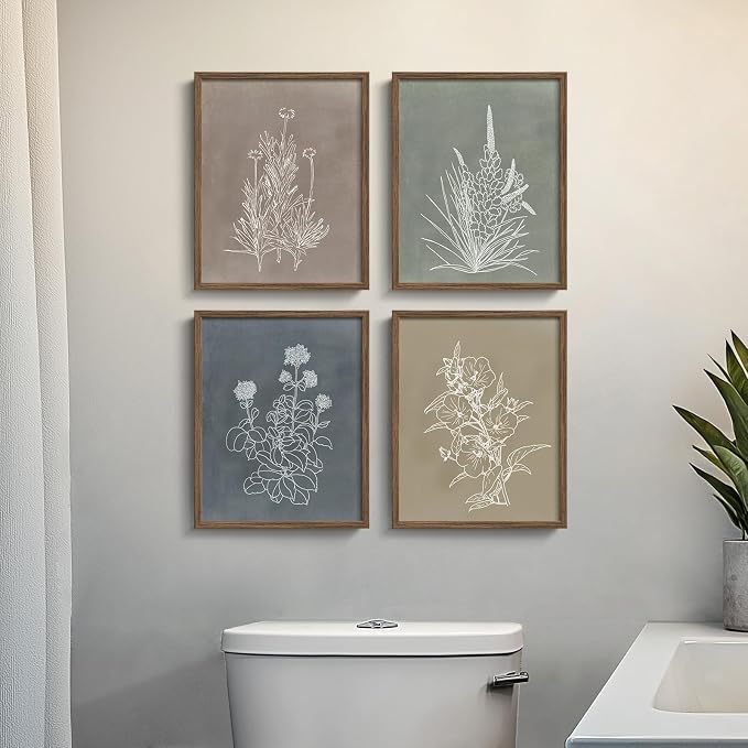 Framed Boho Botanical Wall Art for Bathroom, 4 Piece Rustic Floral Canvas Painting Prints Artwork, Vintage Neutral Flower Pictures for Farmhouse Bedroom Dining Room Kitchen Office Wall Decor, 8x10 In