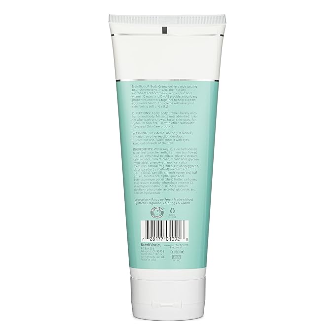 NutriBiotic – Advanced Skin Care Body Crème, 8 Fl Oz - with GSE, Aloe, Tocotrienols, DMAE, Vitamin C Ester & Alpha Lipoic Acid - Nourishing for Soft & Silky Skin - Vegetarian & Paraben-Free