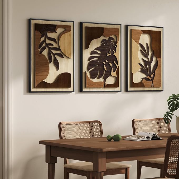 Framed Wood 3D Boho Textured Wall Art for Living Room, Large 3 Piece Carved Wooden Tropical Botanical Artwork for Walls, Brown Monstera Leaf Wood Bedroom Dining Room Home Office Wall Decor, 20x30 Inch