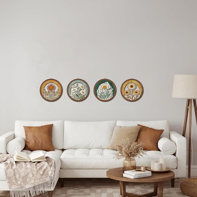 HPNIUB Vintage Flower Wall Decor, Farmhouse Sunflower Daisy Geometric Hanging Wooden Wall Art, 4 Pieces 10''x10'' Minimalist Boho Sun&Floral Wood Sign for Girls Bedroom Living Room Office