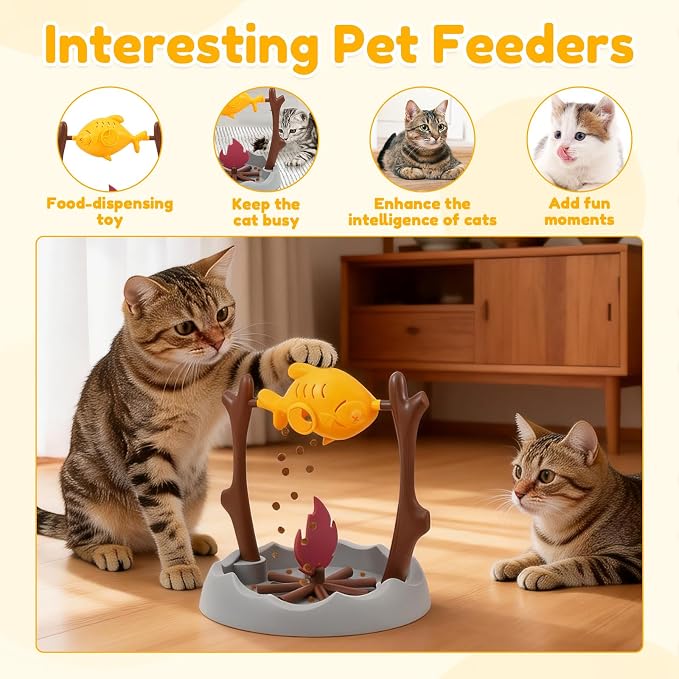 Cat BBQ Toy Treat Dispensing Slow Feeder Bowl, Unique Rotatable Fish and Flame Cognitive Training Game Enrichment Interactive Stimulation Toy for Indoor Kitty(Yellow)