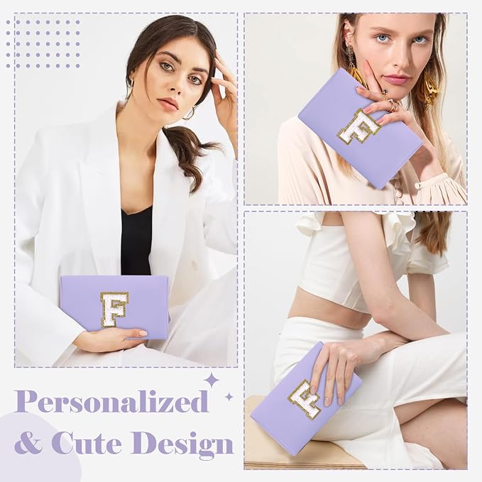 Personalized Makeup Bag Initial A-Z Preppy Patch Bag,Small PU Leather Travel Cosmetic Bag Pouch with Zipper,Purple Cute Toiletry Bag,Gift Ideal for Teen Girls Women Birthday Friend Mom,Latter F