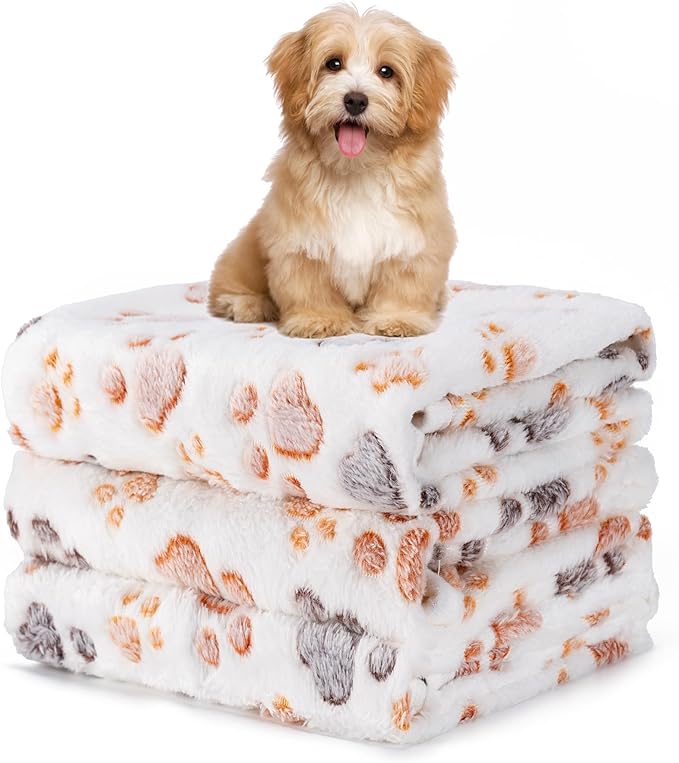 1 Pack 3 Blankets Fluffy Premium Fleece Soft Pet Blanket Flannel Throw for Cat Dog Puppy (Medium 30x20'', Paw-White)