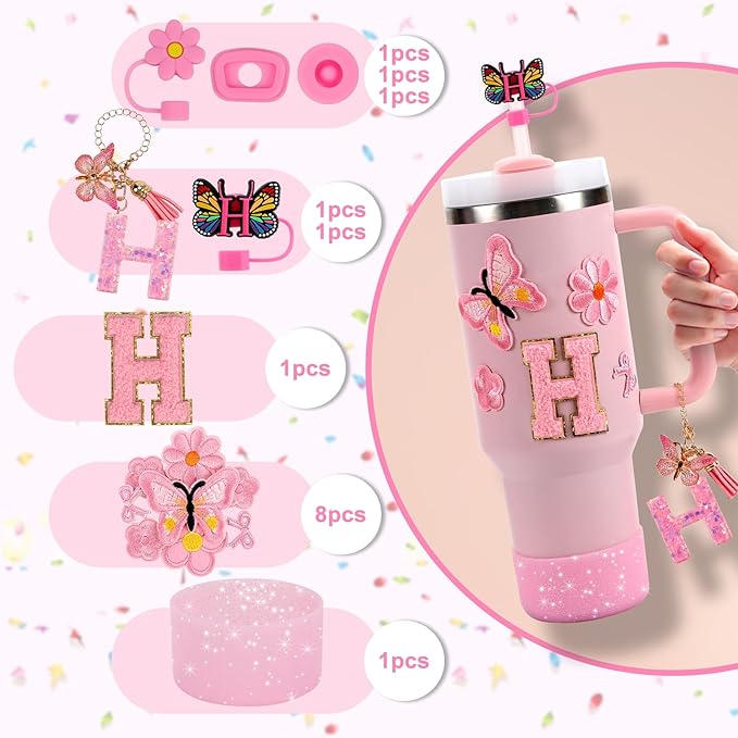 15PCS Cup Accessories Set for Stanley Cup 30oz 40oz Tumbler with Handle, Including Silicone Straw Cover and Boot, Spill Proof Stopper, Stanley Charms, Handle Charm, Initials Sticker