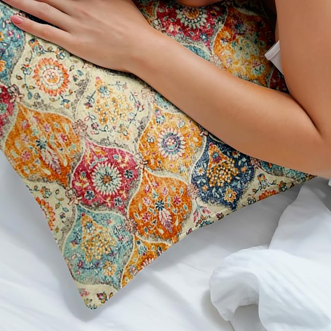 Boho Throw Pillow Covers 20x20 inch Set of 2,Soft Pillowcases Bohemia Carpet Printing Pattern Decorative Sofa Living Room Bed Square Pillow Case Cushion Cover-Cream Color
