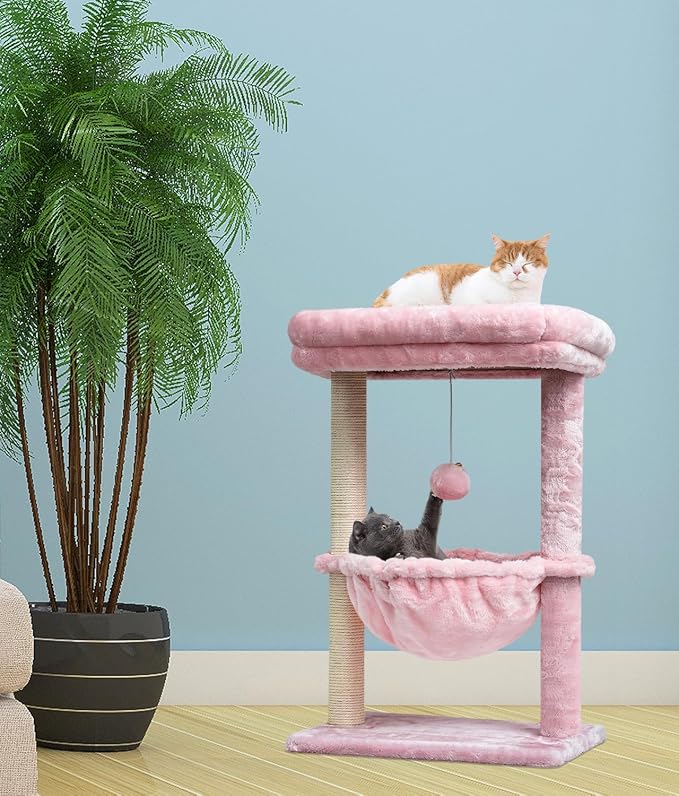 SYANDLVY Small Pink Cat Tree for Indoor Cats, Activity Tower for Kittens | Scratching Post, Modern Cat Furniture with Basket & Hanging Ball for Play Rest, Pink