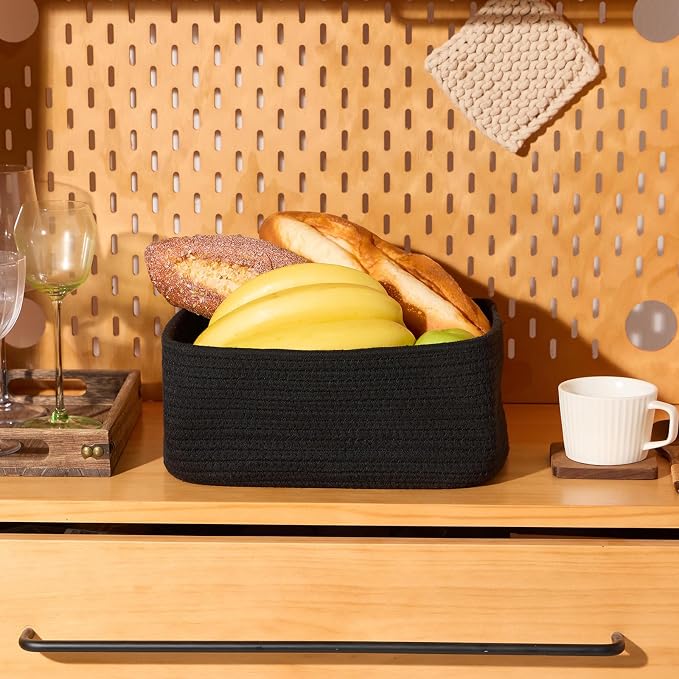 MiniArk Small Storage Baskets for Organizing | Closet Organizer Bins | Shelf Toy Basket | Woven Rope Baskets | Cube Decorative Box | Shallow Basket | 11.5x7.5x4.7” | 4 Packs Black
