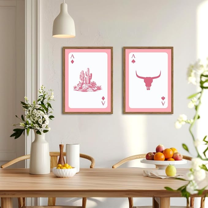 Pink Western Wall Art, How Lucky are We Wall Decor Picture Southwestern Cowgirl Playing Card Poster Canvas Print Bull Skull Painting Artwork for Bedroom Living Room 12x16 inch Wood Framed