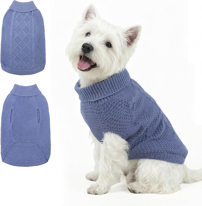 Mihachi Turtleneck Dog Sweater - Winter Coat Apparel Classic Cable Knit Clothes with Leash Hole for Cold Weather, Ideal Gift for Pet in New Year Grayish Blue S