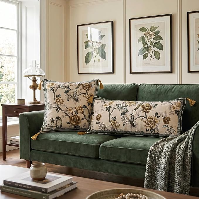 Vintage Linen Rectangle Throw Pillow Cover,Set of 2,28"x12"-Murad A | Designer French Decor Pillow Cover,Concealed Zipper Design,Floral and Bird Pattern,Sofa,Bedroom,Living Room,Lounge Chairs