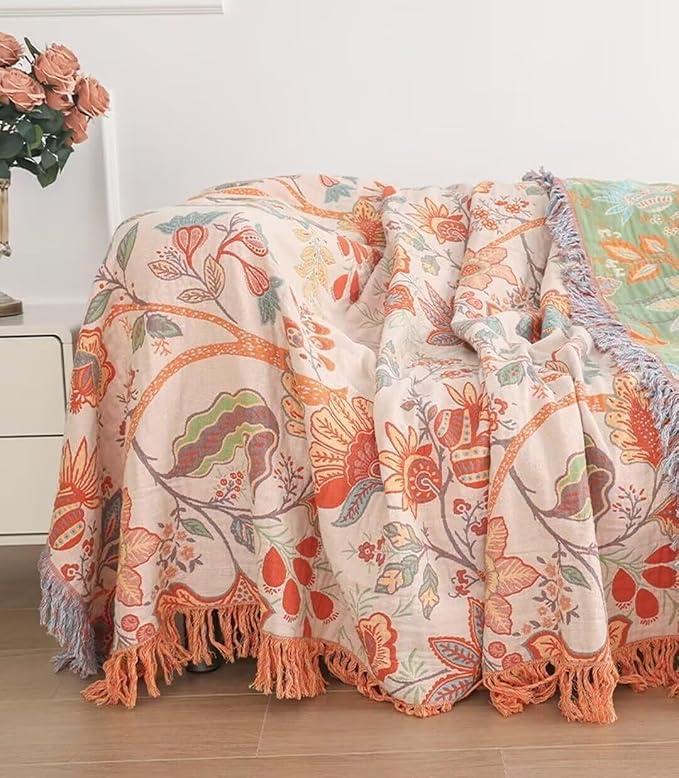 Boho Throw Blanket for Bed 100% Cotton Bohemian Blankets Ultra Soft Woven Muslin Decorative Blankets All Seasons Vintage Quilt Knitted Blanket for Sofa Chair(Orange, 80"x90")