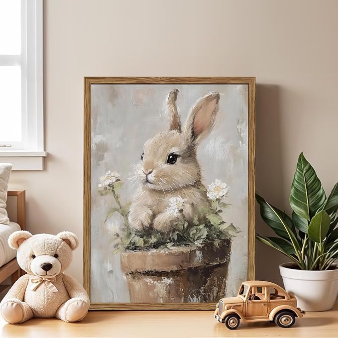 Framed Vintage Easter Bunny Wall Art, Cute Cottagecore Rabbit Floral Pictures Wall Decor, Spring Farmhouse Animal Paintings Prints Rustic Home Decor for Living Room Bedroom Nursery 12x16 inch