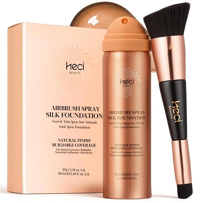 Magic Minerals AirBrush Foundation with Nanoscale Powder - HECI BEAUTY Flawless Finish Makeup,Silk Airbrush Spray & Kabuki Brush - Anti-Aging Ingredients for Smooth Radiant Skin,210 Tan,1.69 Fl Oz