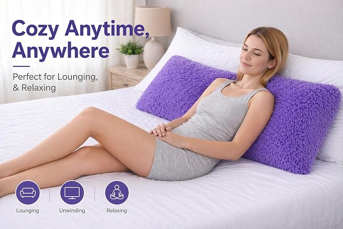 REAFORT Long Hair Faux Fur Body Pillow Cover 21"x54", Hidden Zipper (Lilac) | Ultra-soft long hair faux fur with a hidden zipper offers luxurious comfort and is machine washable for easy care.