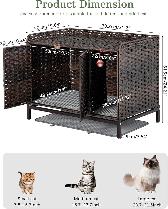 SETVSON Cat Litter Box Enclosure Furniture with Divider, Cat Cabinet, Brown | Handwoven PE Rattan with Soft Litter Mat, 3.54-In Heightened Metal Feet, Spacious & Comfortable, 31.2 x 19.6 x 24.2 In