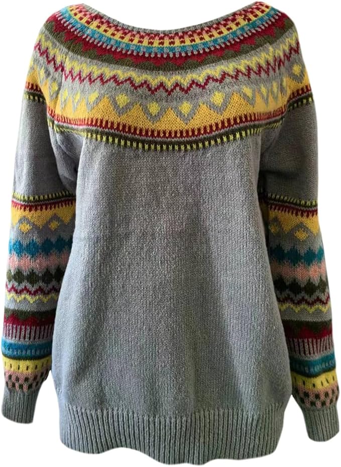 Zhyaj Fair Isle Sweater for Womens Winter Long Sleeve Vintage Knitted Sweater Casual Fall Crew Neck Pullover Sweaters