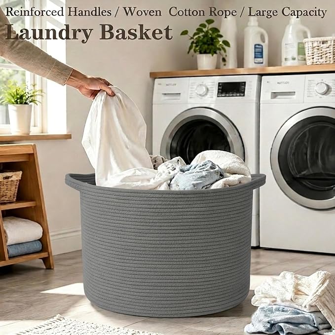 90L Extra Large Blanket Basket,Woven Rope Laundry Basket-Dark Grey | Collapsible, reinforced handles, nursery storage bin organizes clothes, toys and pillows for living room, bedroom bathroom.