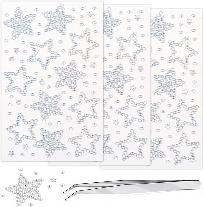 3 Sheets Star Gem Stickers Self Adhesive Rhinestone Stickers Glitter Silver Star Sticker Acrylic Face Jewel Sticker Bling Hair Diamond Decals Sparkly Crystal Pearls for Body Nails Crafts Decoration