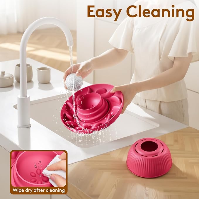 Slow Feeder Dog Bowls 2 in 1 Liquid Treat Dog Lick Mat Bowl – Anti Slip 5‑Cup Large Capacity Liquid and Kibble Food Treat Dispenser for Slowing Down Eating for Large Medium Small Dogs and Cats (Pink)