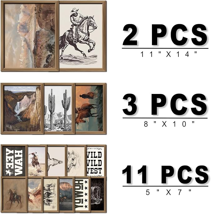 ANERZA 16 PCS Framed Western Wall Art Decor, Southwestern Gallery Wall Frame Set Prints for Bedroom Bathroom, Cowboy Posters for Living Room Aesthetic, Dorm Home Artwork Collage Kit