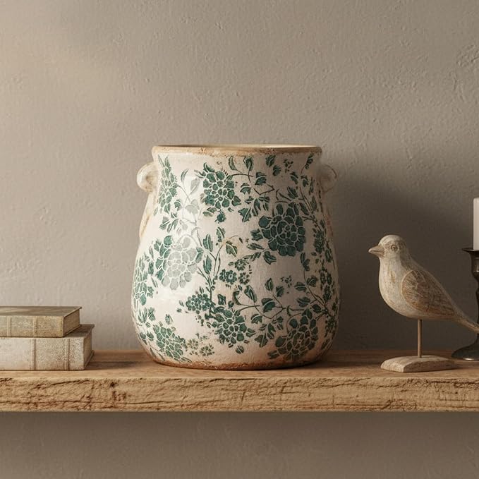 Tuscan Ceramic Planters & Kitchen Utensil Holder, 6.68" Vintage Plant Pots | Flower Pot with Drainage for Indoor/Outdoor, Country Cottage Vase for Home Garden Decor, Gifts for Plant Lovers, Cyan