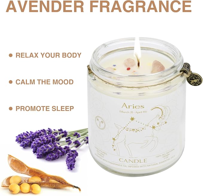 Aries Gifts for Women,Zodiac Sign Aries Candles, Astrology Gift Crystal Candles, Scented Candles Gifts for Women Mom Sister Daughter Birthday Mother's Day Gift (Aries)