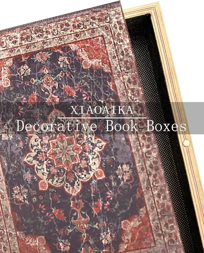 Wooden Book Box Set of 3 with Magnetic Closure and Vintage Persian Rug Pattern Leather Cover Design, Non-Woven Fabric Interior, Decorative Secret Storage for Bookshelves and Home Office
