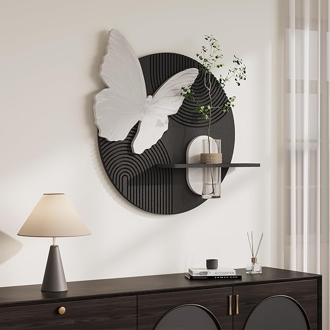 3D Black and White Modern Minimalist Butterfly Wall Art Decor, 24x24 Inch | With vase, Textured, Round, Geometric, Artwork for walls, Sandstone texture, Wall art for living room, Dining room, Hallway