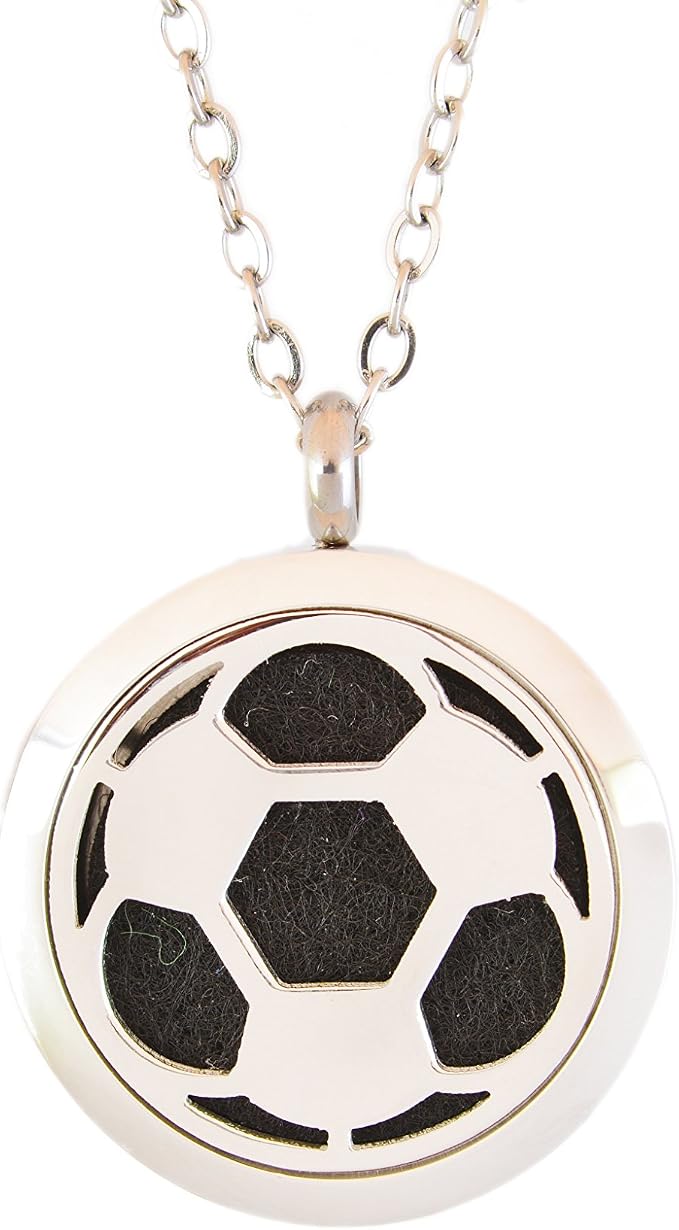 Aromatherapy Essential Oil Diffuser Stainless Steel 30MM Silver Magnetic Locket Pendant with Chain Necklace and Colored Refill Pads & Diffuser Bracelet All in a Velvet Bag (Soccer)
