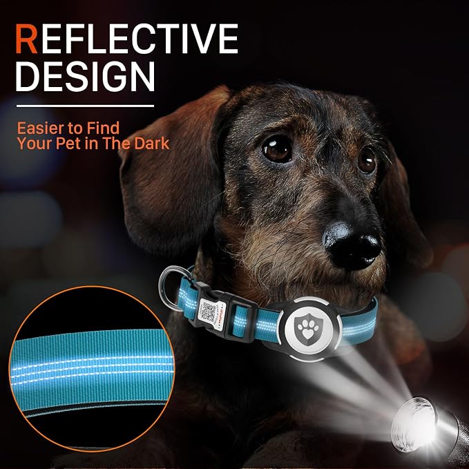 Waterproof AirTag Dog Collar with QR Code Dog Tag, Blue XS | IP68 waterproof, QR code dog tag, Anti-Lost, Online profile, fits XS-L (8"-26"), Padded nylon, Reflective, No App, No Fees
