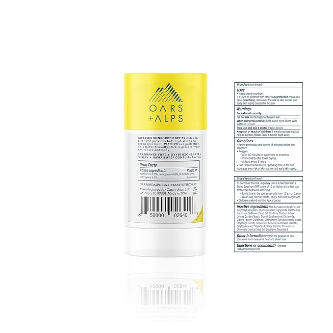 Oars + Alps Clear Face Sunscreen Stick, SPF 35 Travel Sunscreen Roll On for Face & Body, SPF Stick with Vitamin E & Antioxidants, Water & Sweat Resistant, All Skin Types, Moisturizing, 1.7oz, 2pk