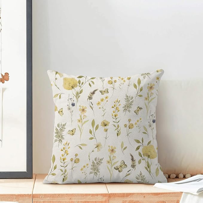 Spring Pillow Covers 20x20 Inch Set of 2, Mustard Yellow Green Wild Flower Throw Pillows Case,Colorful Seasonal Floral Plant Outdoor Decorative Farmhouse Decor Cushion Covers for Sofa Bed Couch