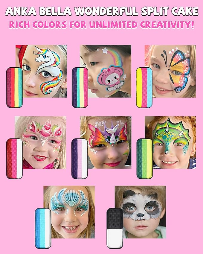 Anka Bella Professional Face Painting Kit for Kids,8X10gm Water Based Split Cake Face and Body Paint with Brushes,Hypoallergenic & Non-Toxic,Gift for Birthday Parties/Halloween/Carnival