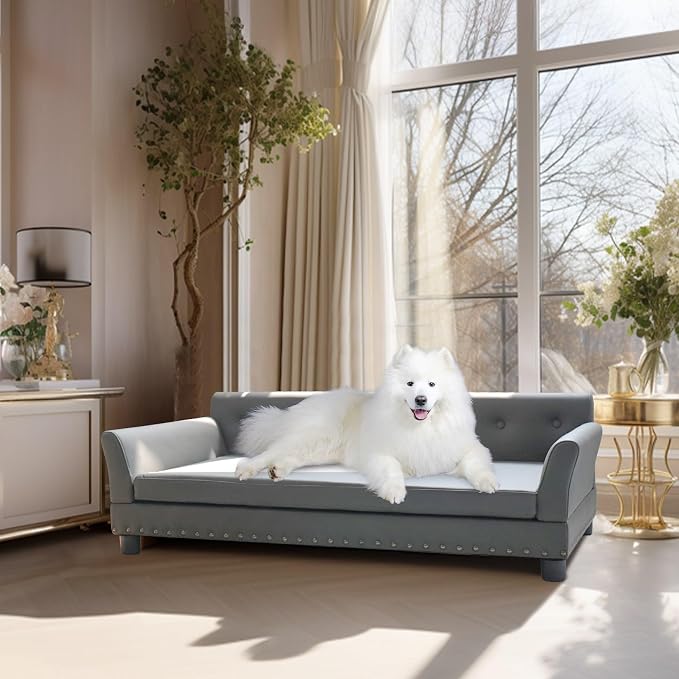 XL Leather Dog Sofa: Scratch Resistant Pet Couch up to 132lbs Gray | Extra Large Luxury Indoor Dog Furniture, Elevated Wooden Frame Jumbo Pet Lounge Bed, Easy Clean, Replaceable Cover