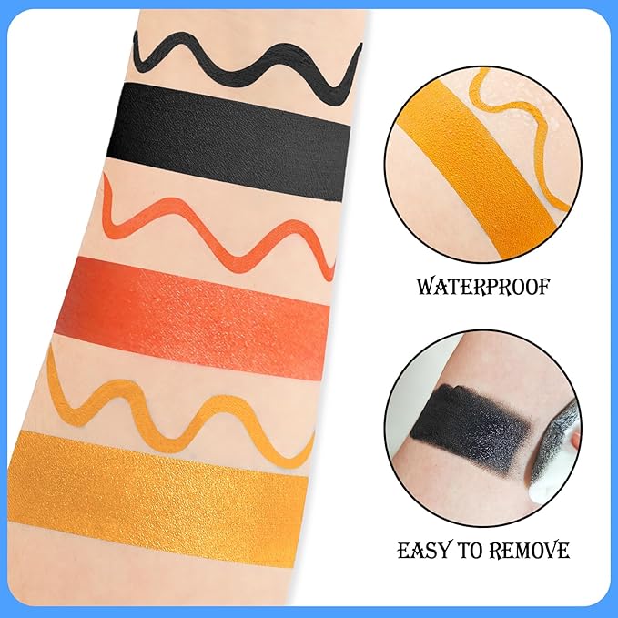 Black Red Orange Face & Body Paint - Blendable Facepaint Foundation with Sponge & Brush for Skin, Professional Halloween Face Make-up Kit for Scarecrow Tiger Devil Pumpkin Fox Lion Costume